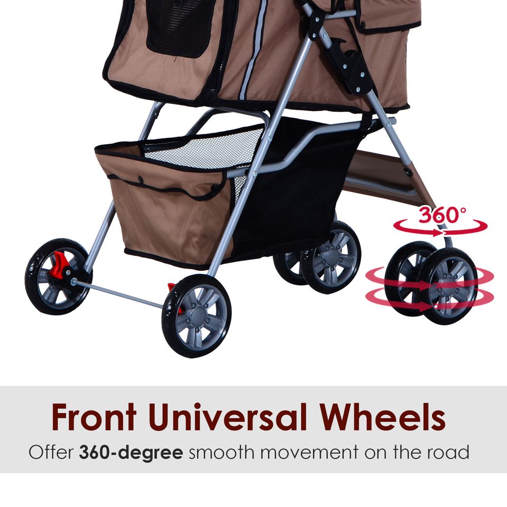 PawHut Pet Stroller for Small Miniature Dogs Cats Foldable Travel Carriage with Wheels Zipper Entry Cup Holder Storage Basket Brown