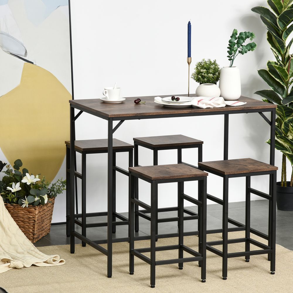 MDF Industrial 5-Pc Dining Set: Table & 4 Stools - Black/Brown, Quality & Space-Saving