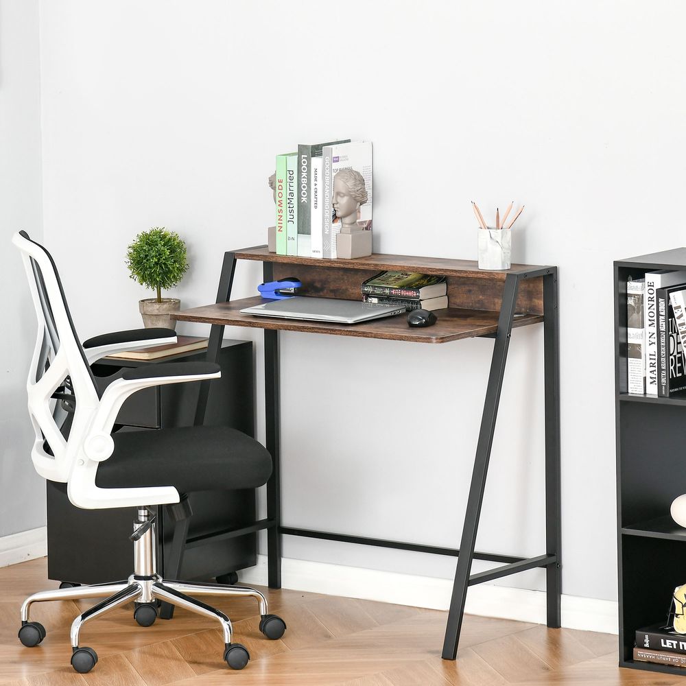 Rustic Brown Metal Frame Office PC Workstation with Storage Shelf - Professional Quality