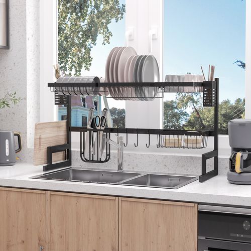 HOMCOM Over The Sink Dish Drainer Rack, 2 Tier Dish Rack for Kitchen, Black