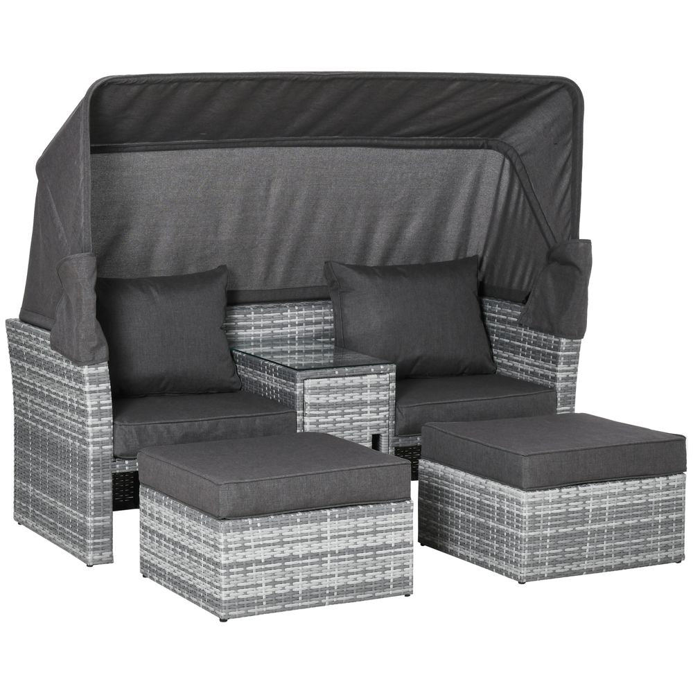PE Rattan Daybed 2-Seater Sofa Footstool Tempered Glass Table