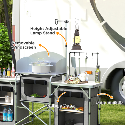 Outsunny Portable Folding Camping Kitchen with Windshield Light Stand Carry Bag