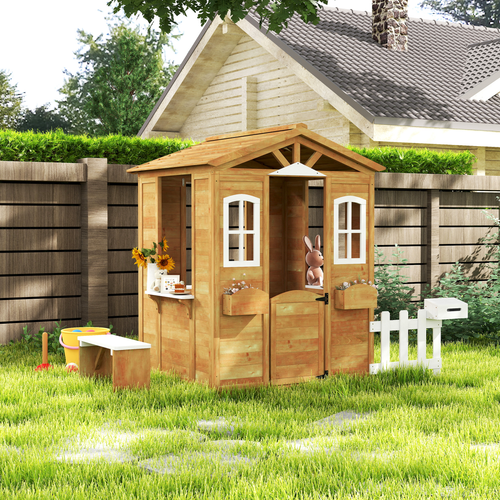 Outsunny Wooden Outdoor Playhouse w/ Door Windows Bench for Kids Children