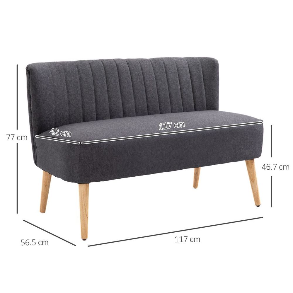 Modern Double Seat Sofa Loveseat Couch Padded Linen Wood Legs, Dark Grey