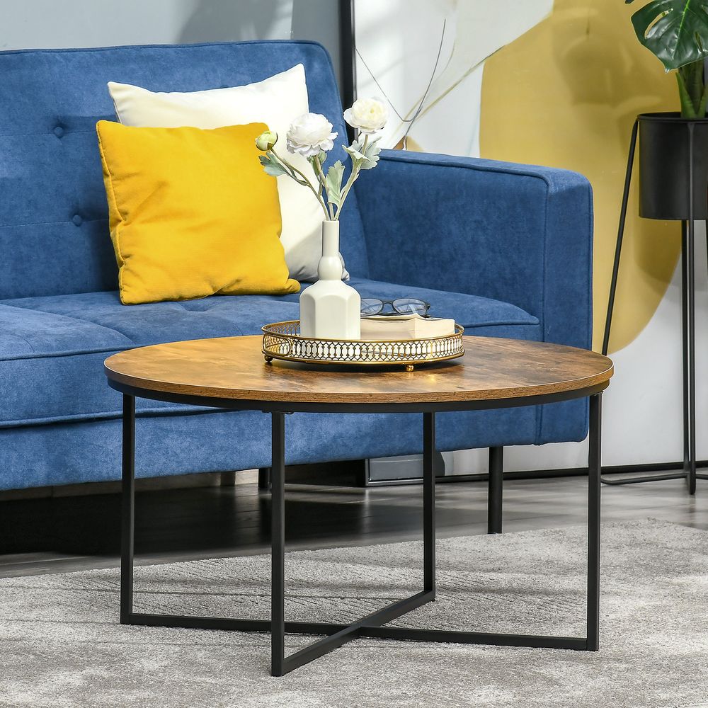 Industrial Round Side Table with Metal Frame, Large Tabletop, Rustic Brown