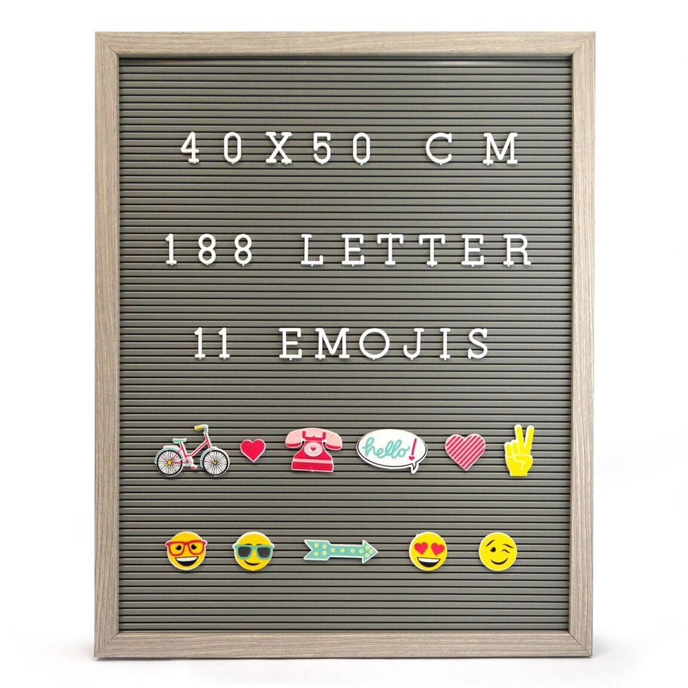 RUSTIC MESSAGE BOARD - 188 WHITE LETTERS + 11 EMOJIS - GREY FRAME (40x50cm)