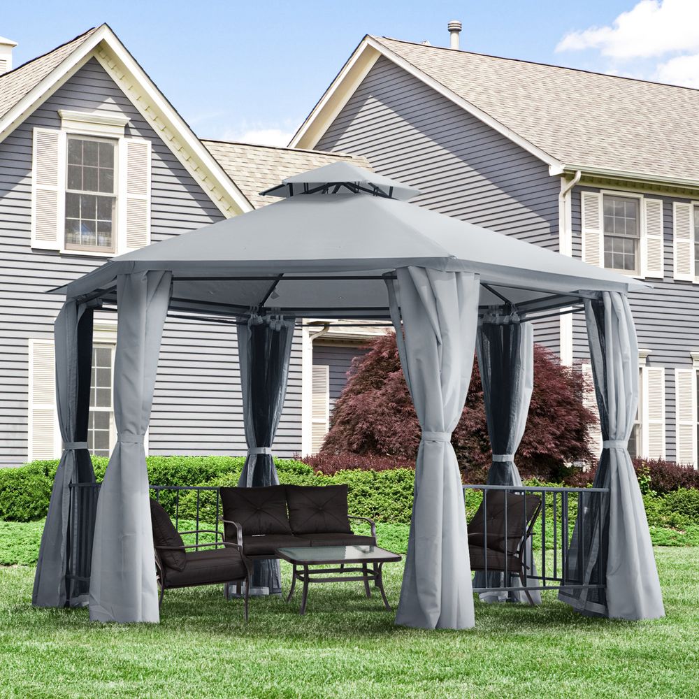 Outsunny Hexagon Gazebo Patio Party Tent | Outdoor Garden Shelter | 2 Tier Roof & Side Panel