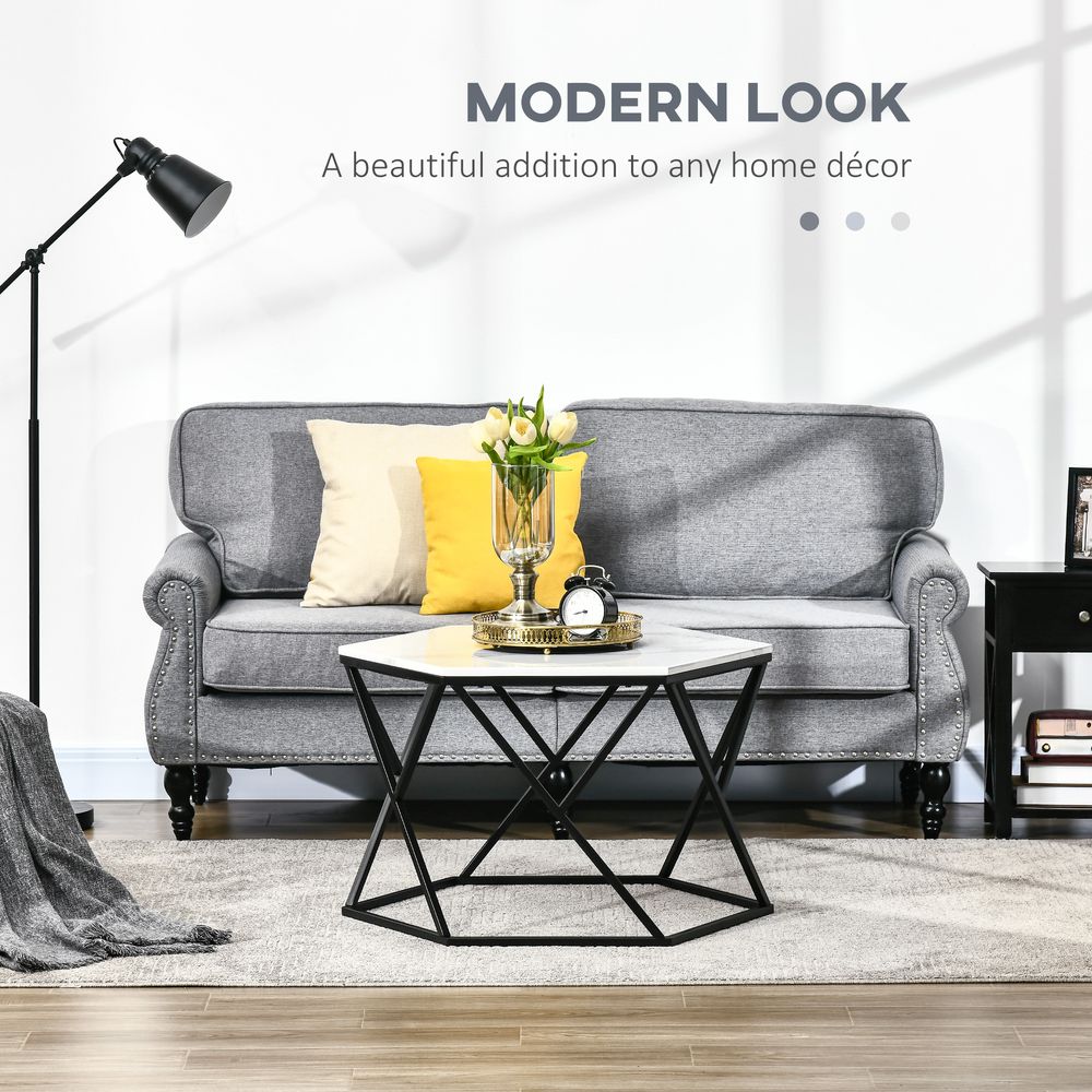 HOMCOM Hexagonal Coffee Table with High Gloss Marble Effect Table Top, Modern Cocktail Table with Steel Frame for Living Room, White