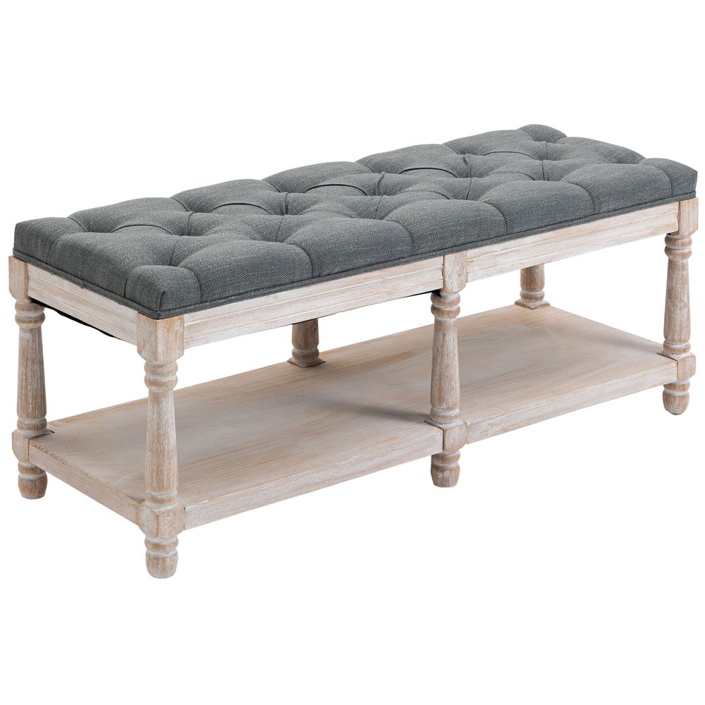 HOMCOM 2-Tier Bed End Bench, Vintage Stool, Wooden Window Seat with Storage Shelf, Button Tufted Upholstered Footstool for Living Room, Bedroom, Entryway, Grey