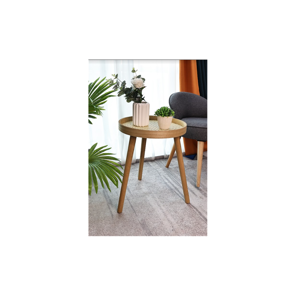 SHLEDECOR Cane Side Table With Rattan Circle Round Table - Solid Matte Oak Finish Legs - Sofa Table Stool End Table