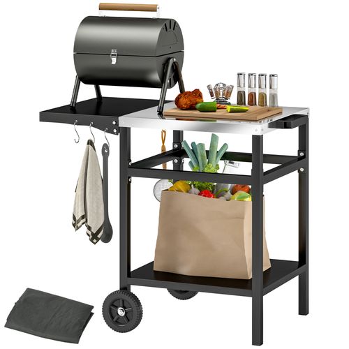 Outsunny BBQ Trolley with Foldable Side Table, Movable Pizza Table, Black