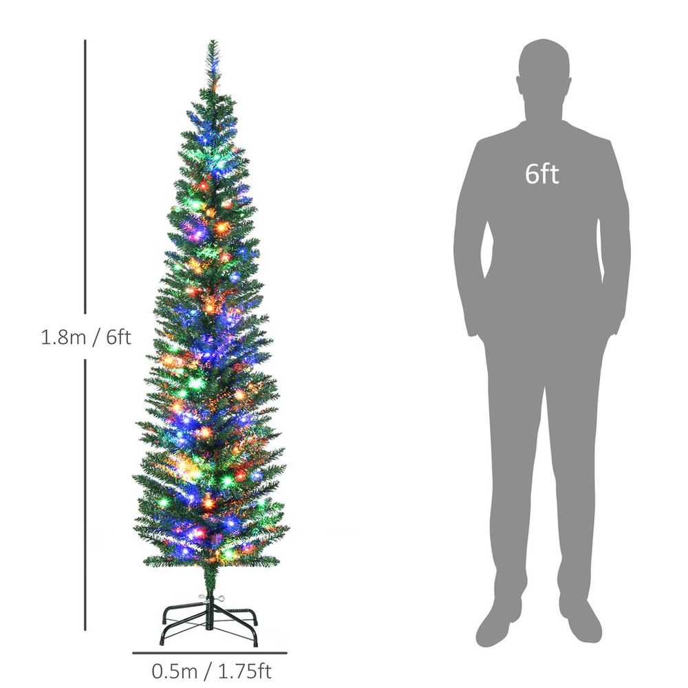 HOMCOM 6ft Artificial Pencil Christmas Tree with Colourful Lights, Steel Base