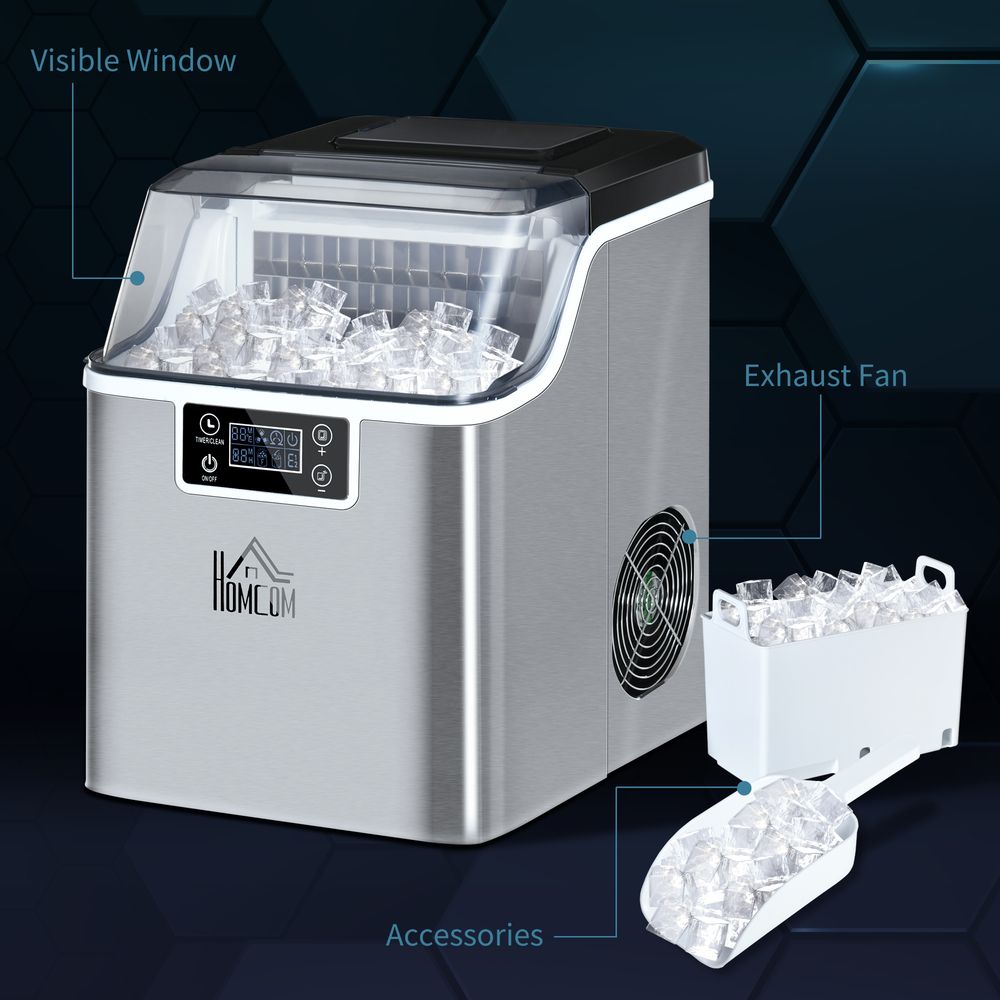 HOMCOM Ice Maker Machine Countertop, Stainless Steel Portable Ice Cube Maker, 2 Ways to Add Water, 24kg/Day, 24 Pcs Ready in 14 Mins, Self-Cleaning with Scoop & Basket, 3.2L, for Home Office, Silver