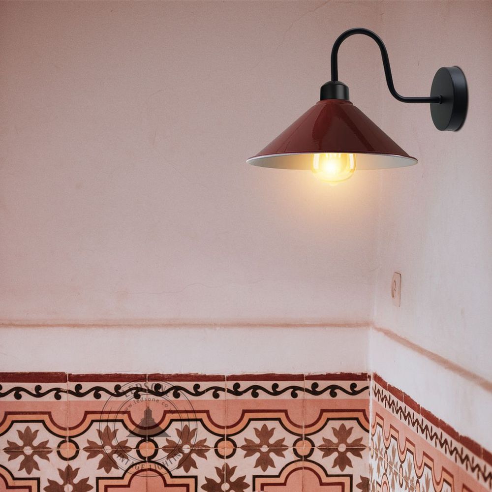Vintage Burgandy Wall Sconce - E27 Base, Dimmable, Swan Neck Cone Shade - High Quality Metal Fixture