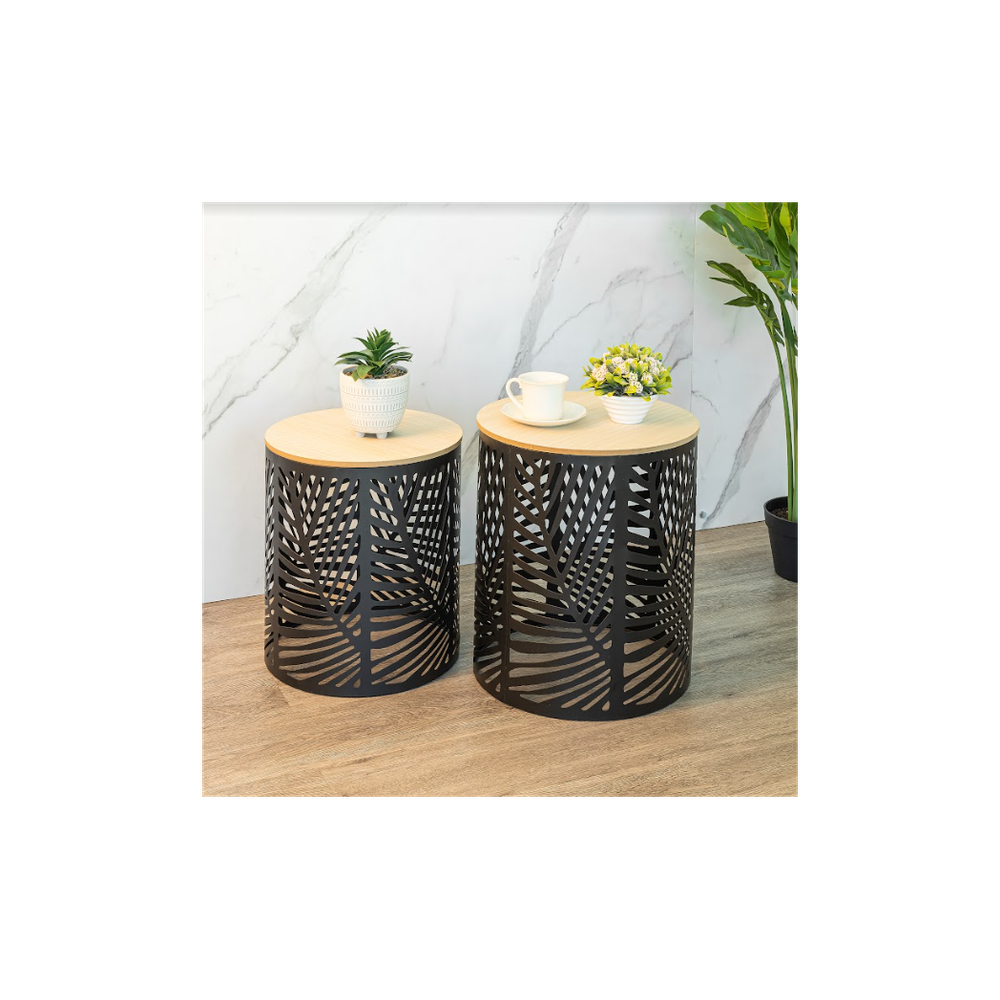 Premium Leaf Cut Basket Table Set - SLENDER - 2-Pack | Professional Quality | Iron + MDF | Classic Black