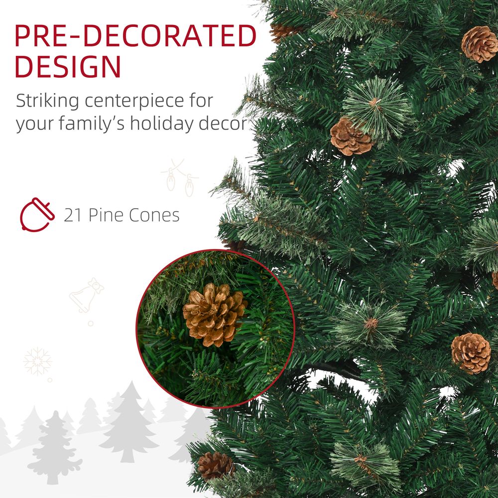 HOMCOM 5.5FT Tall Pencil Slim Artificial Christmas Tree with Realistic Branches, Tip Count and Pine Cones, Pine Needles Tree, Xmas Decoration, Green