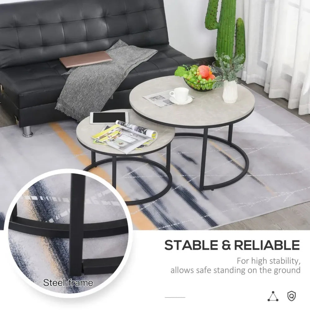 2 Pcs Stacking Coffee Table Set w/ Steel Frame Marble-Effect Top Foot Pads Home