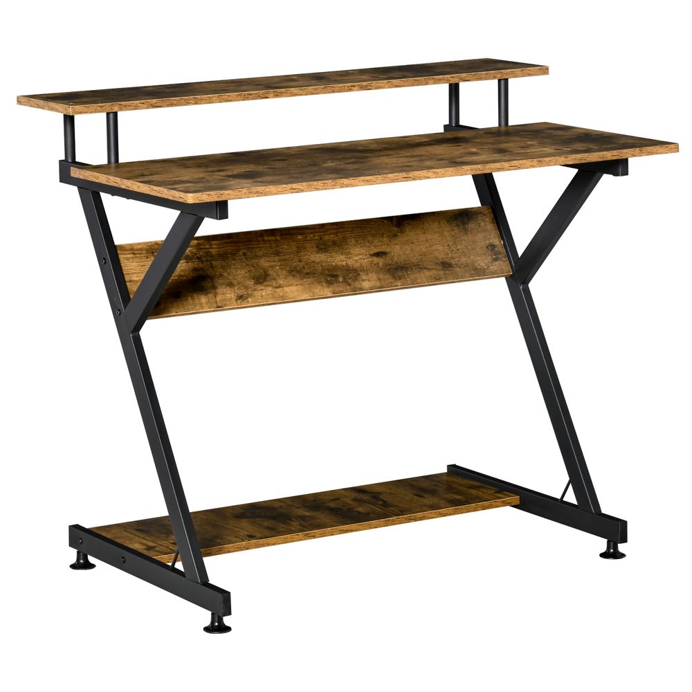 Stylish Brown Computer Desk with Monitor Shelf and Storage