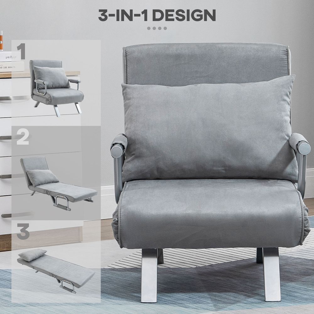 HOMCOM Modern 4-In-1 Single Sofa Bed Sleeper Foldable Portable Armchair Bed Chair Lounge Couch with Pillow for Living Room, Bedroom, Light Grey