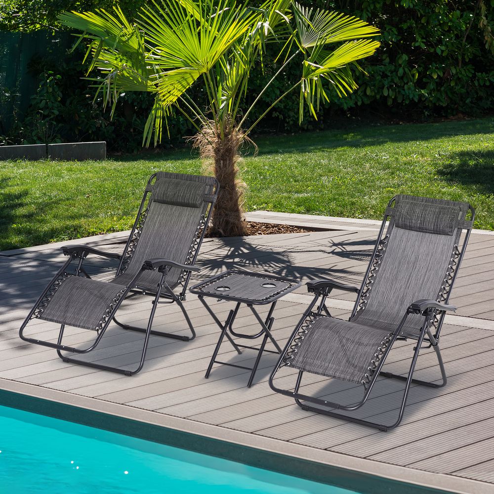 Sun Lounger Table Set - Zero Gravity Chairs, Cup Holders, Outsunny