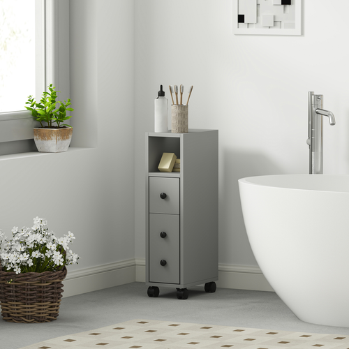 kleankin Slim Bathroom Storage with 2 Drawers, 2 Open and Wheels, Grey