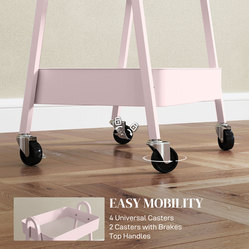 HOMCOM 3-Tier Rolling Utility Cart Kitchen Storage Trolley on Wheels Pink