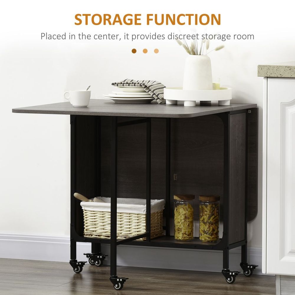 HOMCOM Mobile Drop Leaf Table Folding Kitchen Table Extendable Dining Table For Small Spaces With 6 Wheels & Storage Shelf Grey
