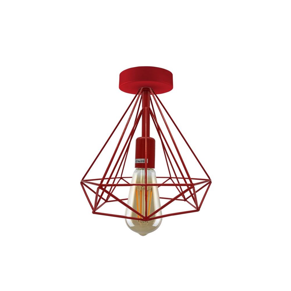 Retro Red Metal Cage Ceiling Light - Vintage Semi Flush Mount Lampshade (E27 Holder)