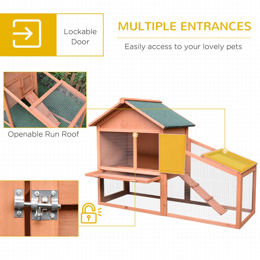 Pawhut 2-Tier Solid Wood Rabbit Bunny Guinea Pig Hutch Water Resistant Asphalt Roof Ramp Sliding Tray, 144 x 64.5 x 100 cm, 15 kg
