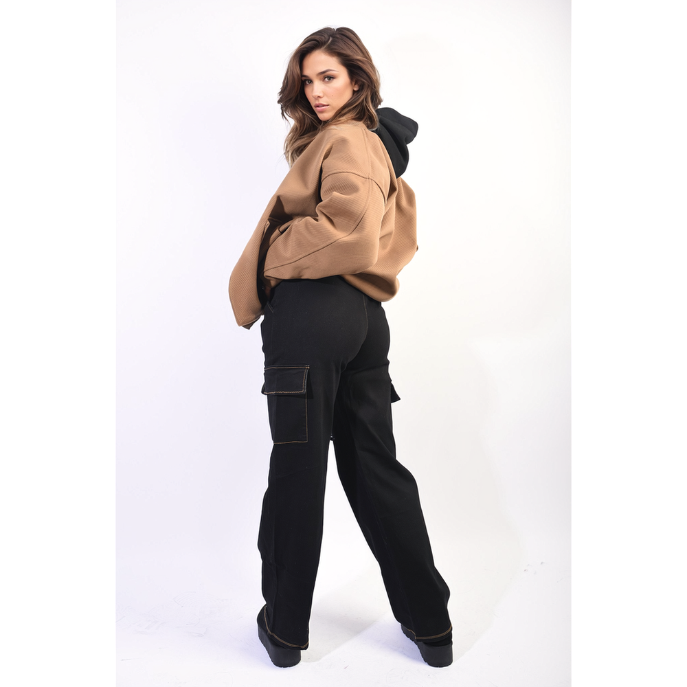 Zoey Drawstring Flap Pocket Wide Leg Cargo Jeans