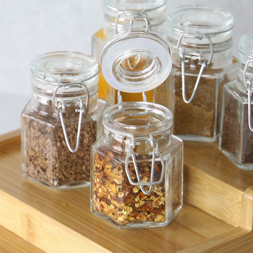 Hexagonal Spice Jars - Set of 12 | M&W | Vintage Glass Storage Containers | Airtight Lids | 100ml Capacity | Oven, Fridge, Dishwasher Safe