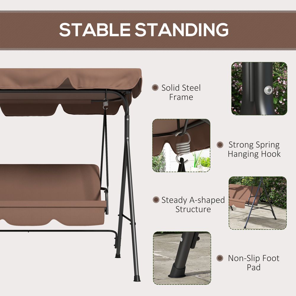 Outsunny 3-Person Porch Swing Chair with Adjustable Canopy - Brown
