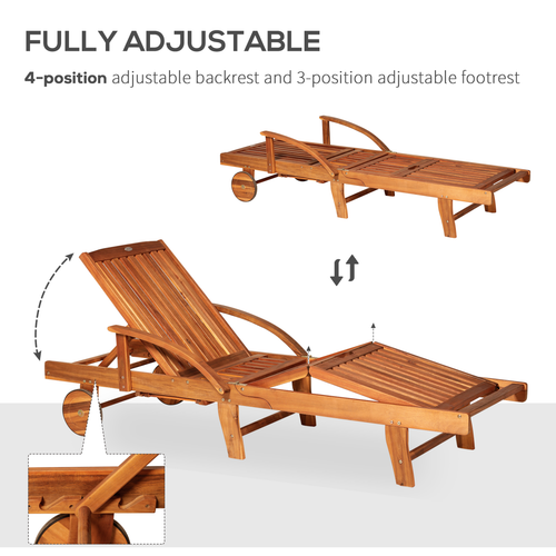 Garden Wood Sun Bed Lounger Chaise Recliner Adjustable Back Footrest w/ Wheels