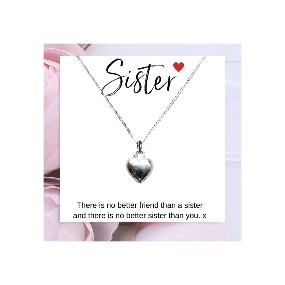 Heart Necklace & Sister Message Card - Perfect Gift for Sisters - Quality Sterling Silver - Comes in Gift Box