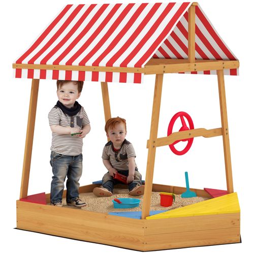 AIYAPLAY Wooden Kids Sandpit with Canopy, Seats, Rudder & Bottom Liner