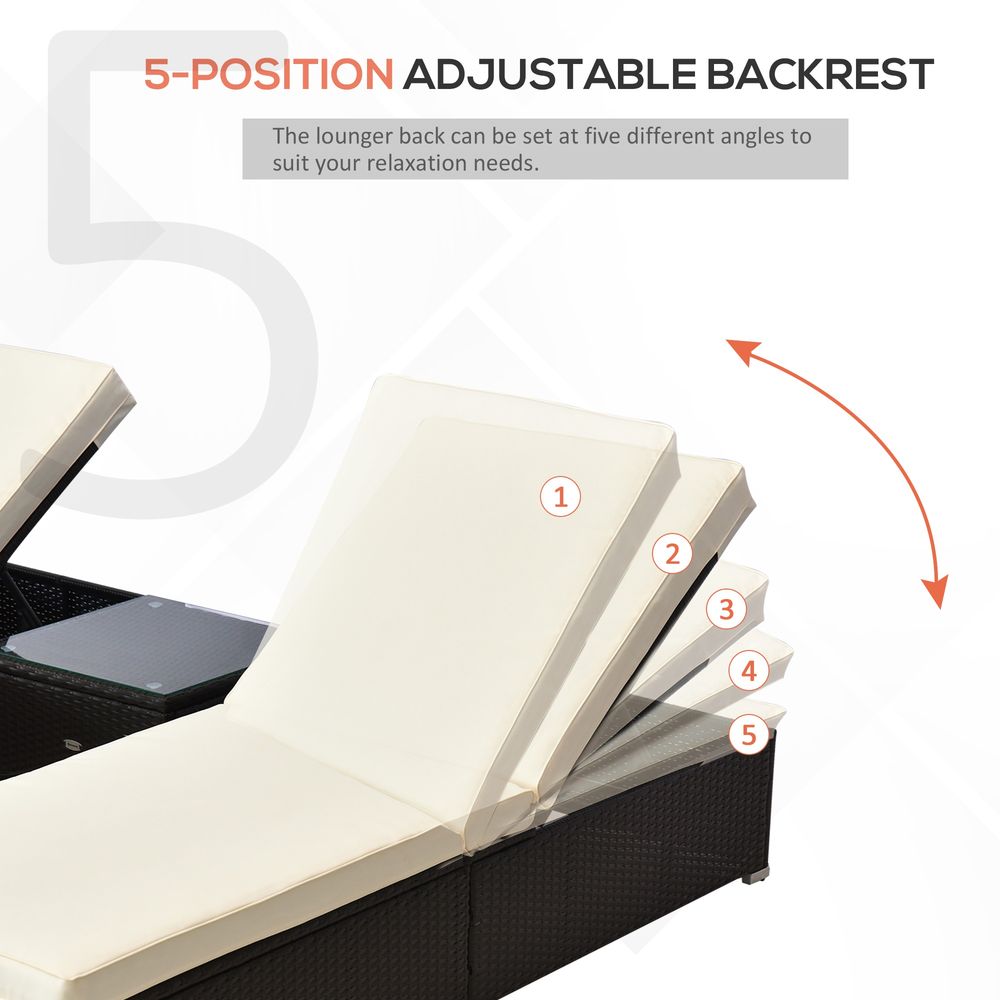 Premium Rattan Lounger Set - 3 PCS Reclining Chairs and Table - Deep Coffee/Cream White