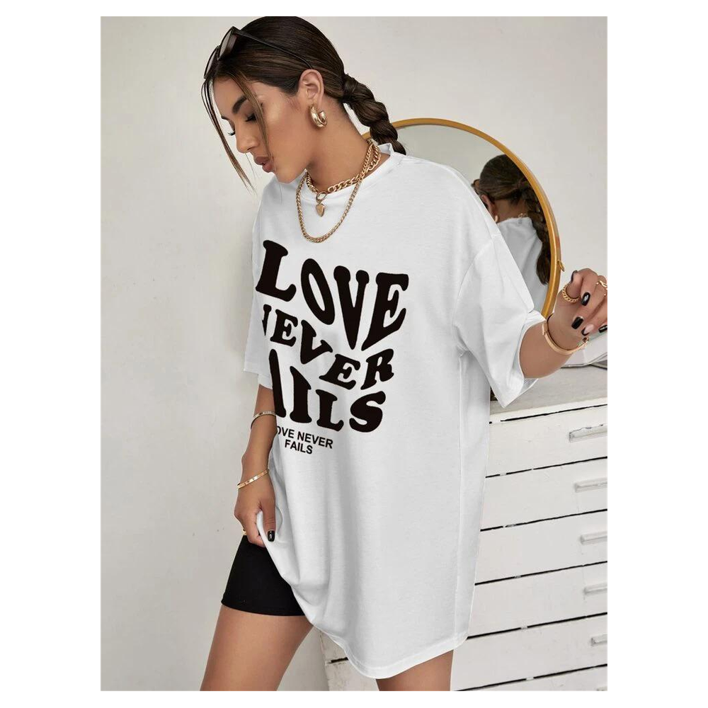 Ladies Love Never Fails Slogan Oversized t shirt Top
