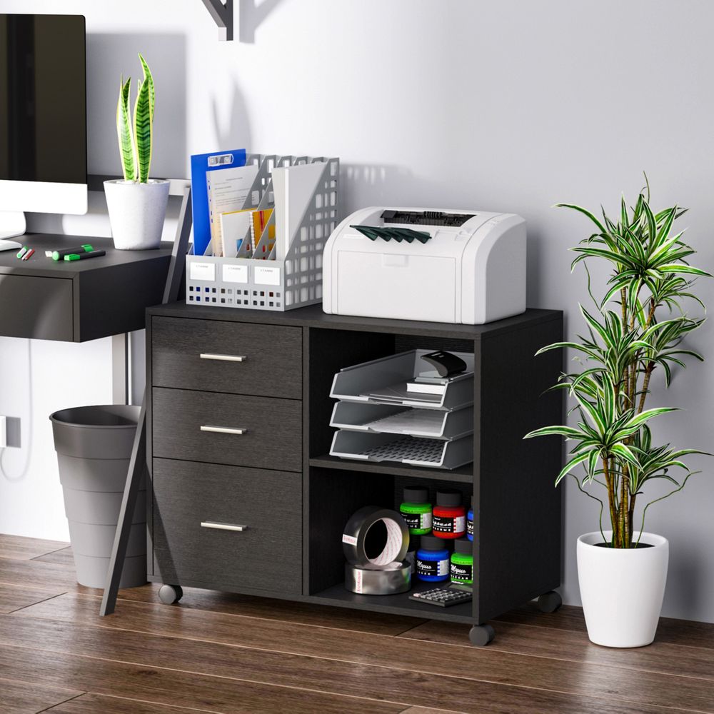HOMCOM Freestanding Printer Stand Unit Office Desk Side Mobile Storage w/Wheels 3 Drawers, 2 Open Shelves Modern Style 80L x 40W x 65H cm - Black