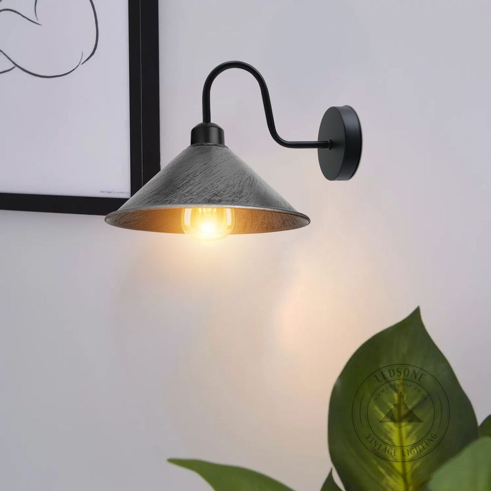 Vintage Wall Light Fixture, Brushed Silver, E27 Base, Black Cone Shade - Perfect for Indoor Lighting, 3 Year Warranty, CE/RoHS Certified