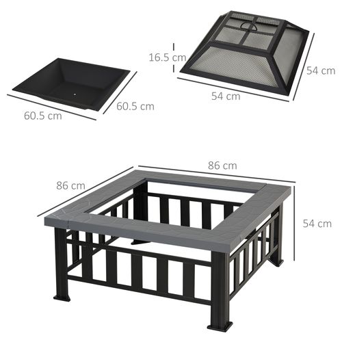 Outsunny Fire Pit, Square Shape, W/Waterproof Cover-Black/Grey