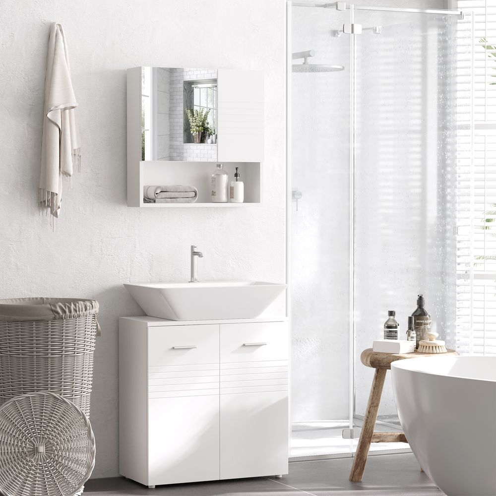 kleankin Bathroom Mirror Cabinet Wall-Mounted Storage w/Double Door Adjustable Shelf - White