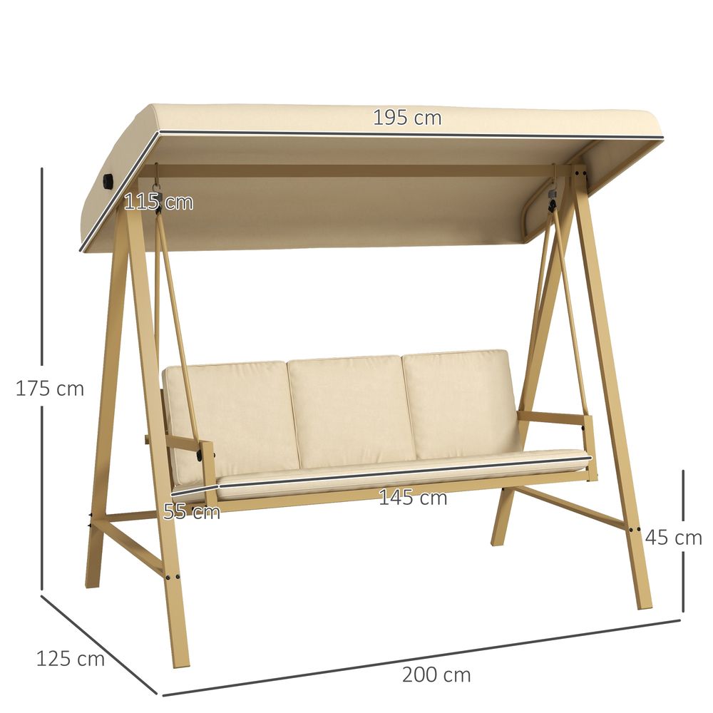 Outsunny 3 Seater Swing Chair, Adjustable Canopy&Cushions, Beige