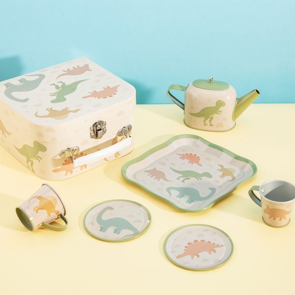 Dinosaur Tea Set for Kids - Tray, Teapot, Plates, Teacups - Tin, Earthy Greens - Not for Hot/Cold Drinks - Ages 3+ - D17.5xH9.5xW17cm
