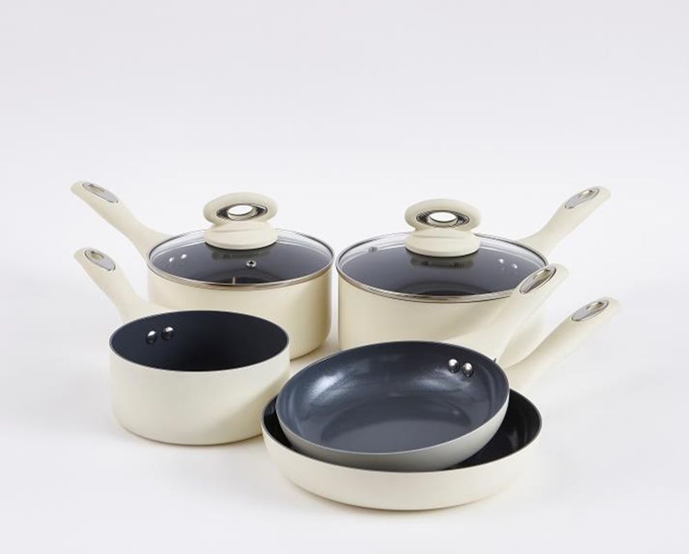 Cermalon Cream 5 Piece Cookware Set - Complete Pan Set with Tempered Glass Lids and Non-Stick Coating