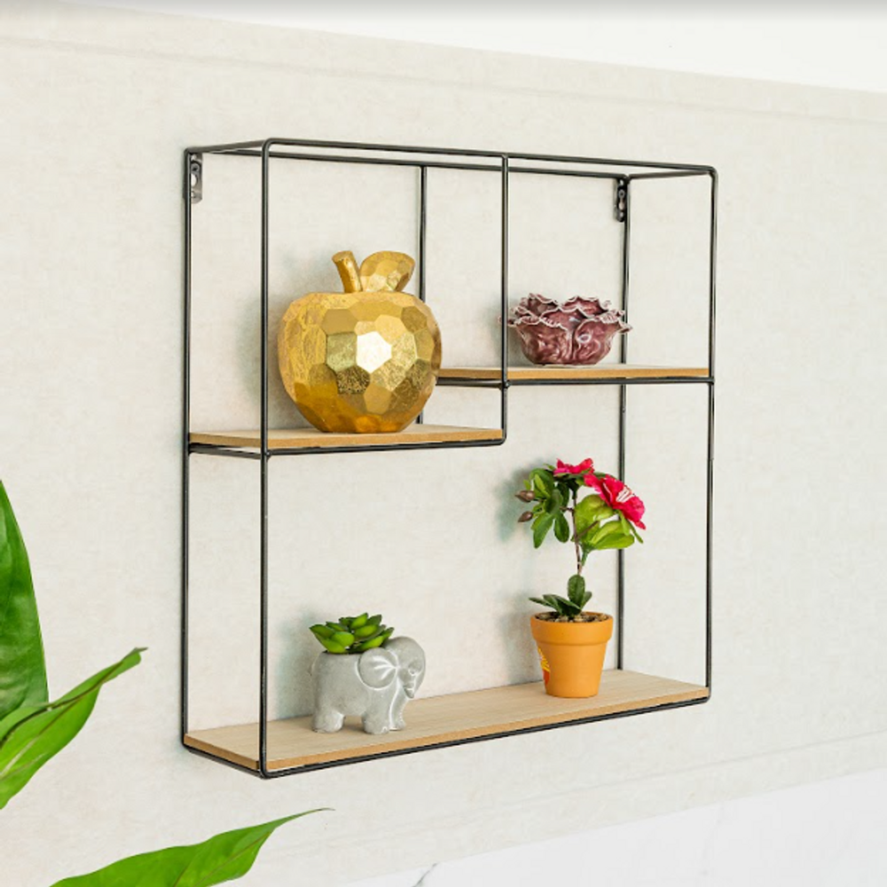 SHLEDECOR Square Black Wall Unit with Shelves Metal and Wood Multi Section