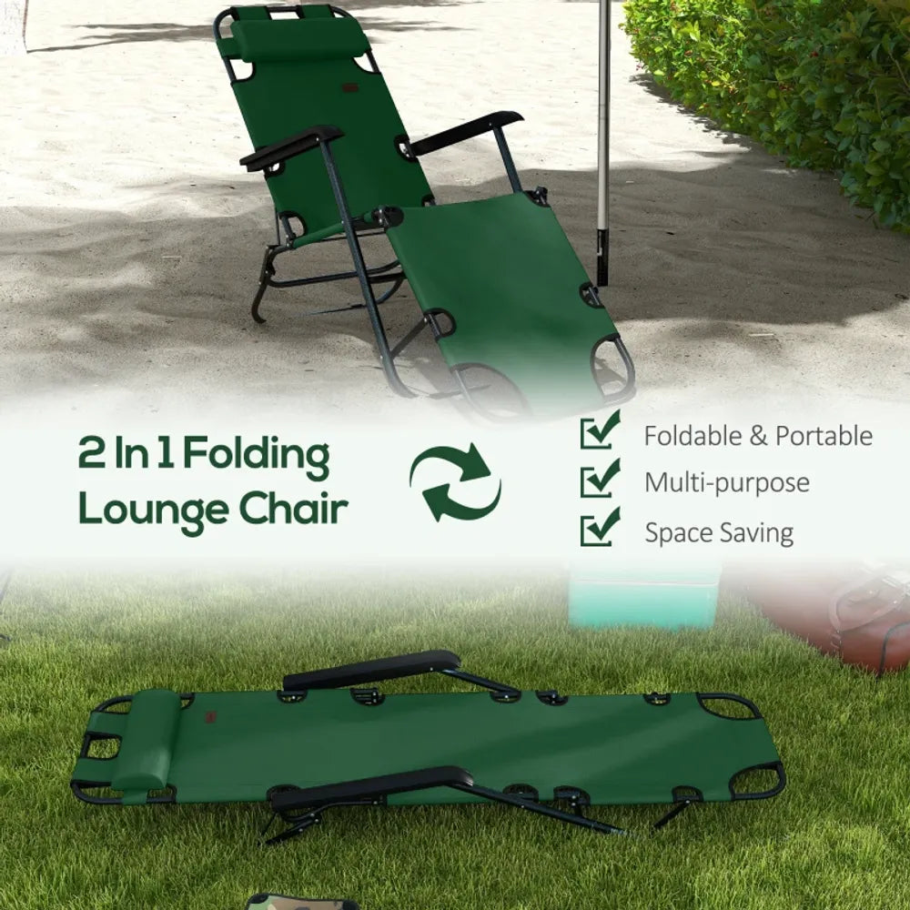 Premium Outsunny 2-in-1 Outdoor Folding Sun Lounger | Adjustable Back & Pillow | Green