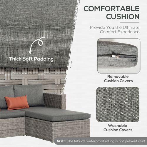 3 Pc PE Rattan Corner Sofa Set, w/ Tempered Glass Table-top & Soft Cushion Grey