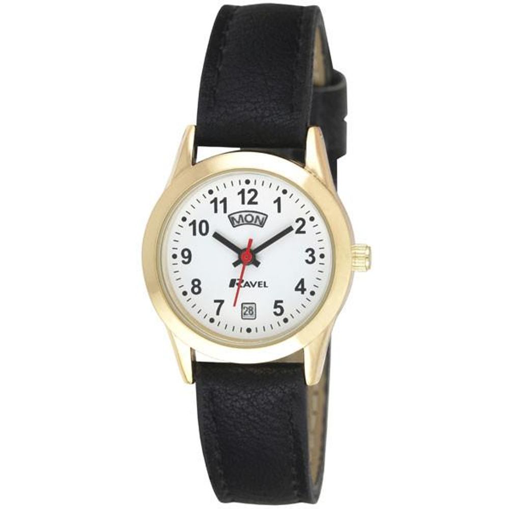 Ravel Gilt Day/Date Womens Watch - Classic Dial, Bold Hands, Croco Pattern Strap