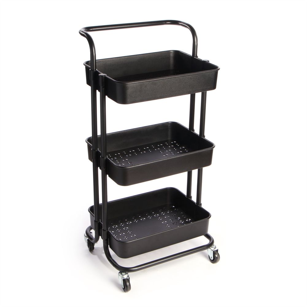 3 Tier Black Storage Trolley | M&W | Easy Assembly | Rust-Resistant | Versatile
