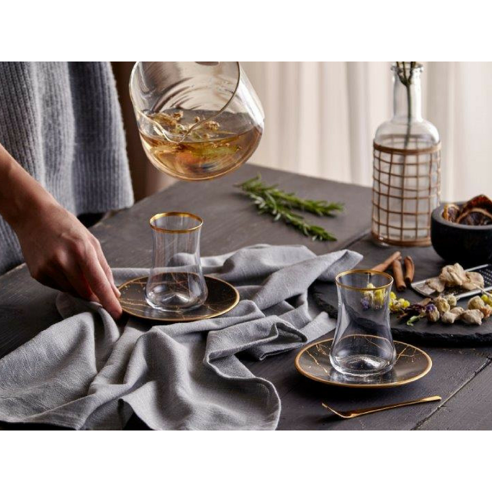 Dervish Marble Tea Glass and Saucer - Black & Mat Gold